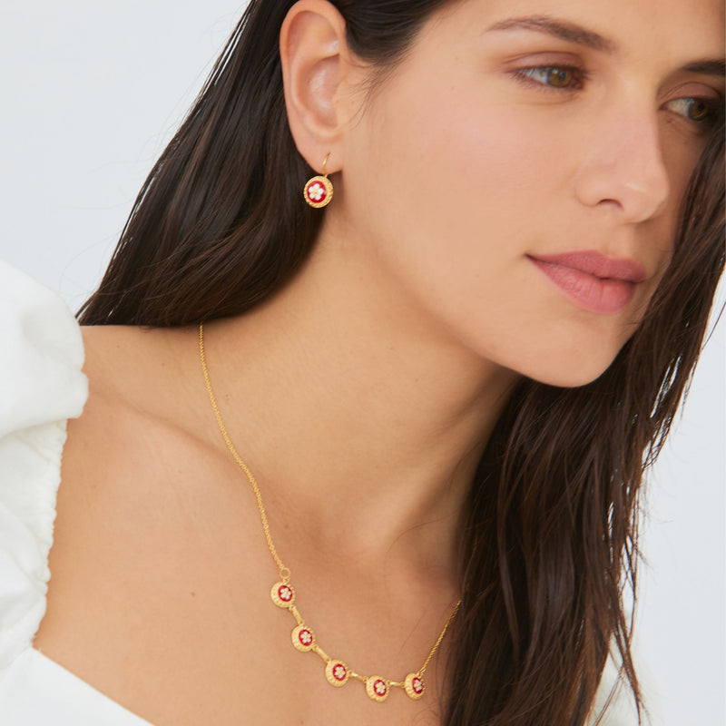 Caramujo Medal Red Earrings Gold Plated Silver